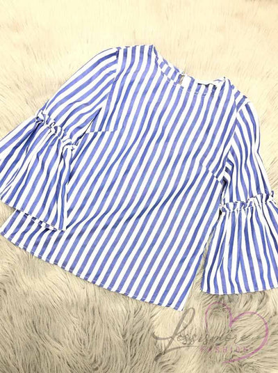 1836 White And Blue Striped 3/4 Sleeve Blouse For Women - Lessismore Fashion